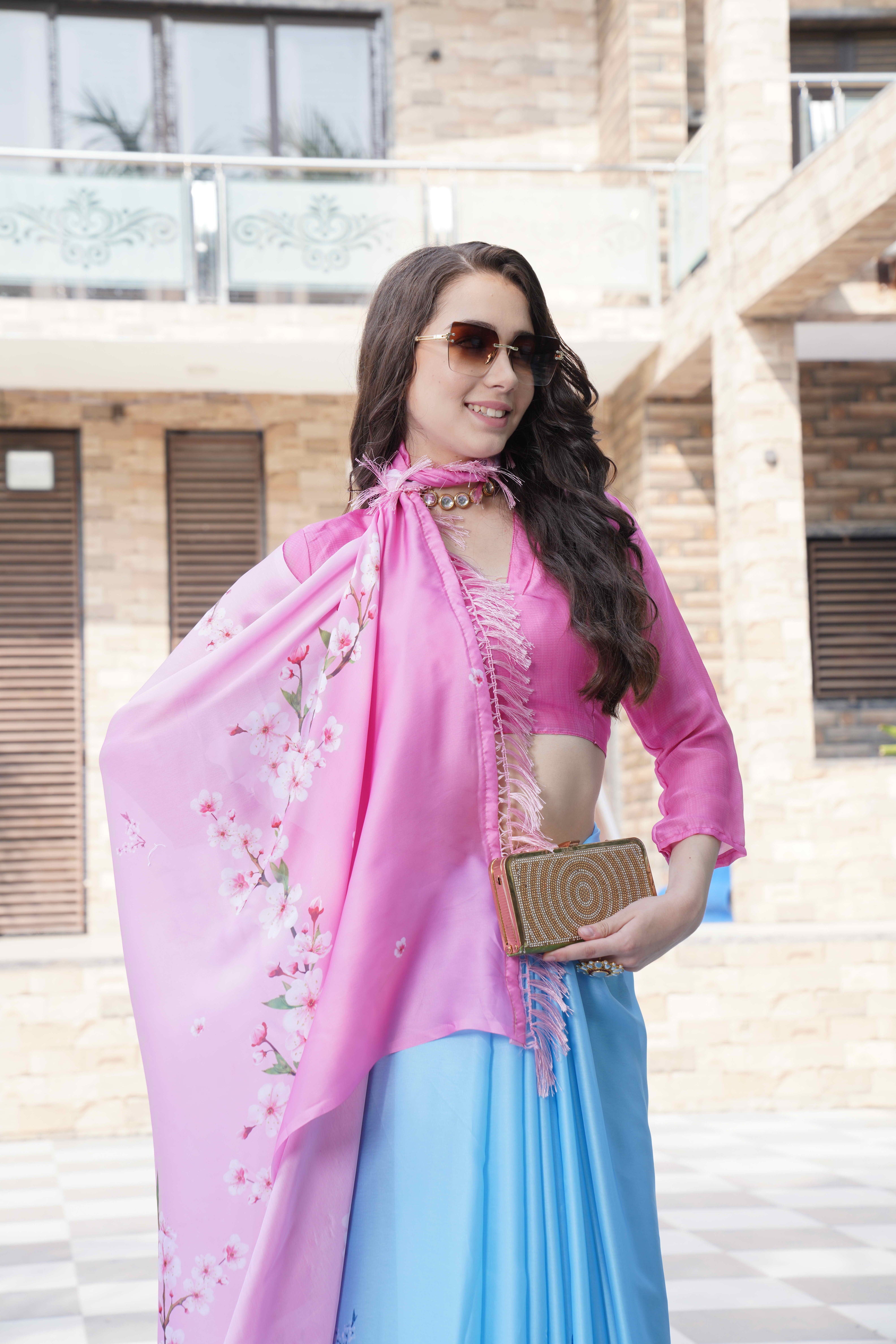Sky Blue Colour Block Georgette Saree